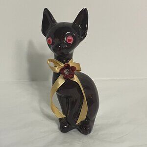 MCM Ceramic Cat Long Neck Figurine Brown Bow Flowers 7" Cute Red Pink Eyes